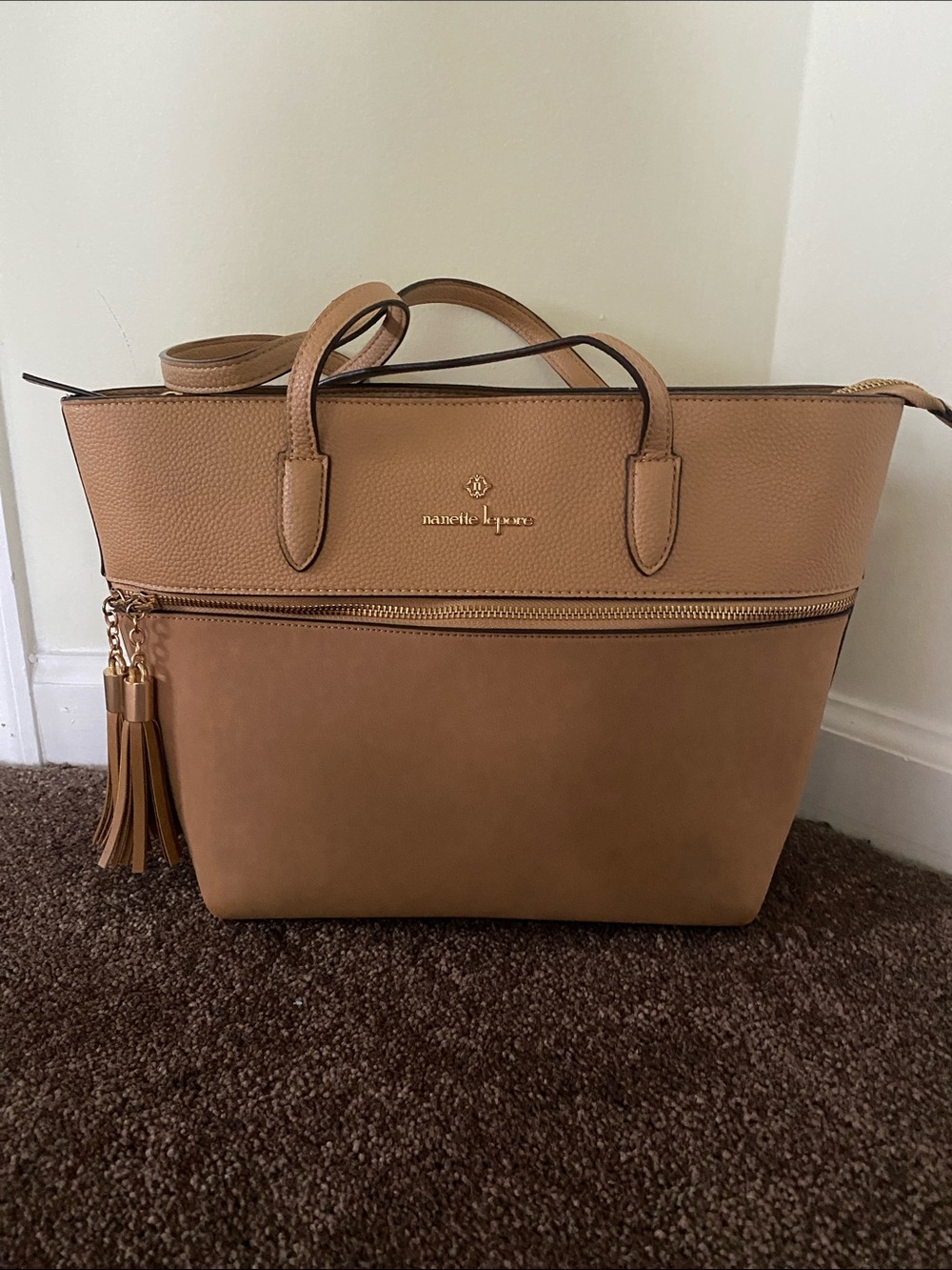 Nanette Lepore Beige Two-Tone Tote with Faux Suede